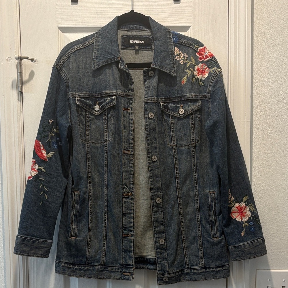 Express Oversized Jean Jacket with Floral Detail